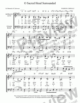 page one of O Sacred Head Surrounded - Choir Reduction Lowered to A for Piano or Guitar, with Chords