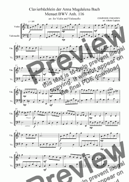 page one of Clavierbüchlein der Anna Magdalena Bach - Menuet BWV Anh. 116 - arr. for Violin and Violoncello