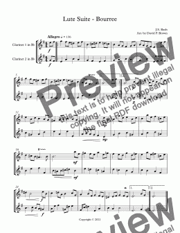 page one of Lute Suite - Bourree - for two Clarinets