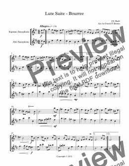 page one of Lute Suite - Bourree - for Soprano and Alto Sax