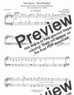 page one of Bartok 44 Duos for Two Violins (For solo piano)