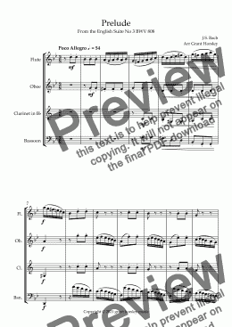 page one of JS Bach "Prelude" From English Suite no 3 BWV 808- Arranged for Wind Quartet