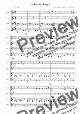 page one of A Surprise Tango! for Beginner and Advanced Violin Quartet