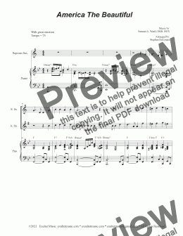 page one of America The Beautiful (Duet for Soprano and Alto Saxophone)