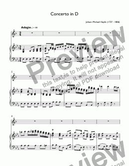 page one of Haydn, Johann Michael  - Trumpet Concerto in D major, I.Adagio for trumpet Bb & piano