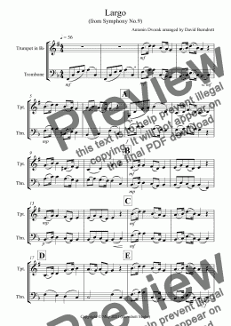 page one of Largo (from the New World) for Trumpet and Trombone Duet