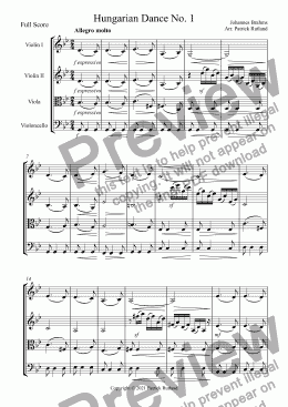 page one of Brahms Hungarian Dance No. 1 for String Quartet