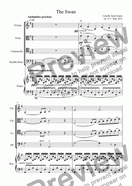 page one of Saint-Saen's  Swan for Piano & Strings