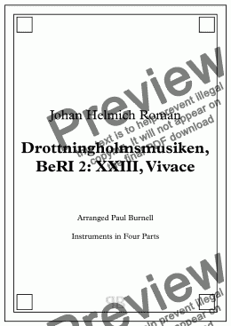 page one of Drottningholmsmusiken, BeRI 2: XXIII, Vivace, arranged for instruments in four parts – Score and Parts