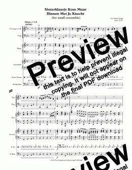 page one of Sinterklaasje Kom Maar Binnen Met Je Knecht (for small ensemble) 2 minute - Score and parts