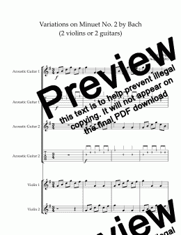 page one of Variations on Minuet No. 2 by Bach (2 violins or 2 guitars) - Score and parts