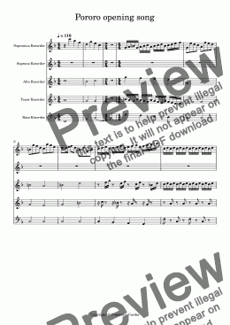 page one of Pororo opening song (Recorder quintet Sn/S/A/T/B)