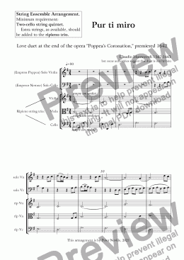 page one of Pur ti Miro, arr for String 5tet/String orch