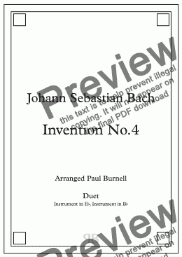 page one of Invention No. 4, arranged for duet: instruments in Eb and Bb - Score and Parts