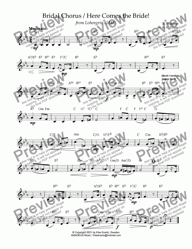 Bridal Chorus Here Comes The Bride Lead Sheet Guitar Chords Eb Major