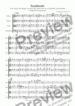 page one of Handel's Sarabande arr for String Quartet