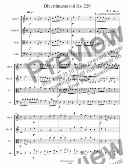 page one of Mozart Divertimento kv.229  VI for string quartet