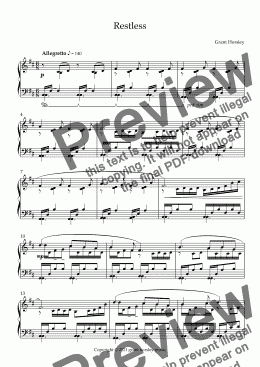 page one of "Restless" Original Piano Solo- Advanced Intermediate