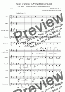 page one of Salut d'amour - Elgar - Solo Bass & Small Orchestra (Orchestral Strings) - Score