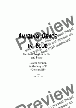 page one of Amazing Grace in Blue for Trumpet in Bb and Piano LOW VERSION in the key of F (Concert Eb)