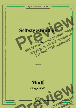 page one of Wolf-Selbstgestandnis,in F Major,IHW 22 No.52,from Morike-Lieder,for Voice and Piano