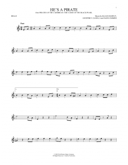 page one of He's A Pirate (from Pirates Of The Caribbean: The Curse of the Black Pearl) (Bells Solo)