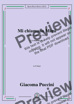 page one of Puccini-Mi chiamano Mimì(Sì,mi chiamano Mimì),in D Major,from 'La bohème,SC 67',for Voice and Piano