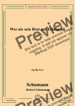 page one of Schumann-Wer nie sein Brot mit Tranen aß,Op.98a No.4，in e minor，for Voice and Piano