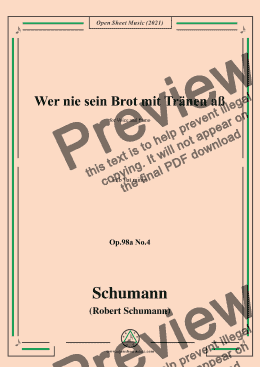 page one of Schumann-Wer nie sein Brot mit Tranen aß,Op.98a No.4，in b flat minor，for Voice and Piano