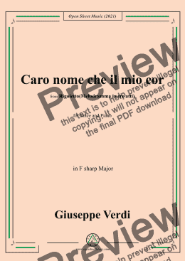 page one of Verdi-Caro nome che il mio cor,in F sharp Major,from Rigoletto(Melodramma in tre atti),for Voice and Piano