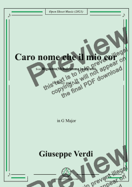 page one of Verdi-Caro nome che il mio cor,in G Major,from Rigoletto(Melodramma in tre atti),for Voice and Piano