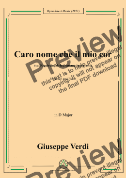 page one of Verdi-Caro nome che il mio cor,in D Major,from Rigoletto(Melodramma in tre atti),for Voice and Piano