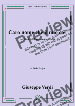 page one of Verdi-Caro nome che il mio cor,in D flat Major,from Rigoletto(Melodramma in tre atti),for Voice and Piano