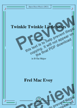 page one of Frel Mac Evoy-Twinkle Twinkle Little Star,in B flat Major,For Voice And Piano