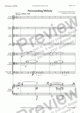 page one of Neverending Melody (VSTR/Score & Parts), Female Voice, Piano, String Trio, Choir ad lib.