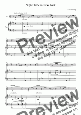 page one of "Night-Time in New York"- A Blue Waltz- Clarinet and Piano.