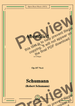 page one of Schumann-Abendlied,Op.107 No.6,in A Major,for Voice and Piano