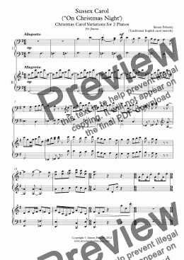 page one of Sussex Carol ("On Christmas Night') Christmas Carol Variations for 2 Pianos by Simon Peberdy