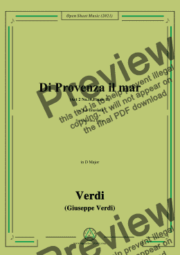 page one of Verdi-Di Provenza il mar(Act 2 No.10,Finale II),in D Major,from La Traviata,for Voice and Piano