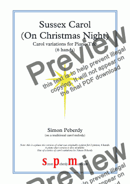 page one of Sussex Carol ("On Christmas Night') Christmas Carol Variations for Piano Trio 6 hands arrangement of a piece originally for 2 pianos)