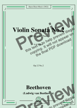 page one of Beethoven-Violin Sonata No.2 in A Major,Op.12 No.2,for Violin and Piano