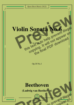 page one of Beethoven-Violin Sonata No.6 in A Major,Op.30 No.1,for Violin and Piano