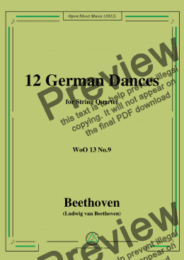 page one of Beethoven-German Dance,WoO 13 No.9,for String Quartet