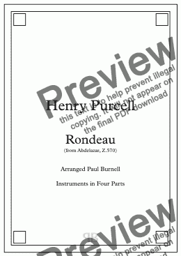 page one of Rondeau, from Abdelazar, Z.570, arranged for instruments in four parts – Score and Parts