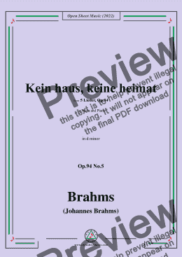 page one of Brahms-Kein haus,keine heimat,Op.94 No.5 in d minor