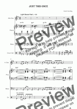 page one of "Just This Once" Original for Jazz Combo. Alto Sax, Piano, Bass and Drums