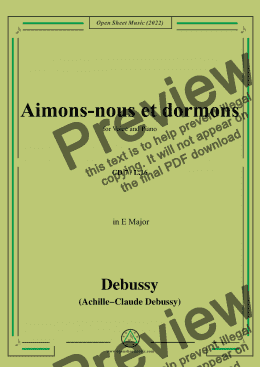 page one of Debussy-Aimons-nous et dormons,in E Major,CD 7;L.16,for Voice and Piano