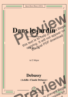 page one of Debussy-Dans le jardin,in E Major,CD 107;L.78,for Voice and Piano