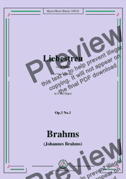 page one of Brahms-Liebestreu-Fidelity in Love,Op.3 No.1.in E flat Major,from Six Songs,for Tenor or Soprano and Piano