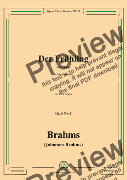 page one of Brahms-Der Fruhling-Springtime,in D flat Major,fromSix Songs,for Tenor or Soprano and Piano